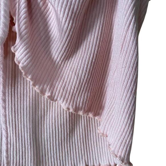 Pink Ribbed Crop Top - Ruched Front, Adjustable Tie, Lettuce Hem, Y2K Aesthetic - Picture 3 of 5
